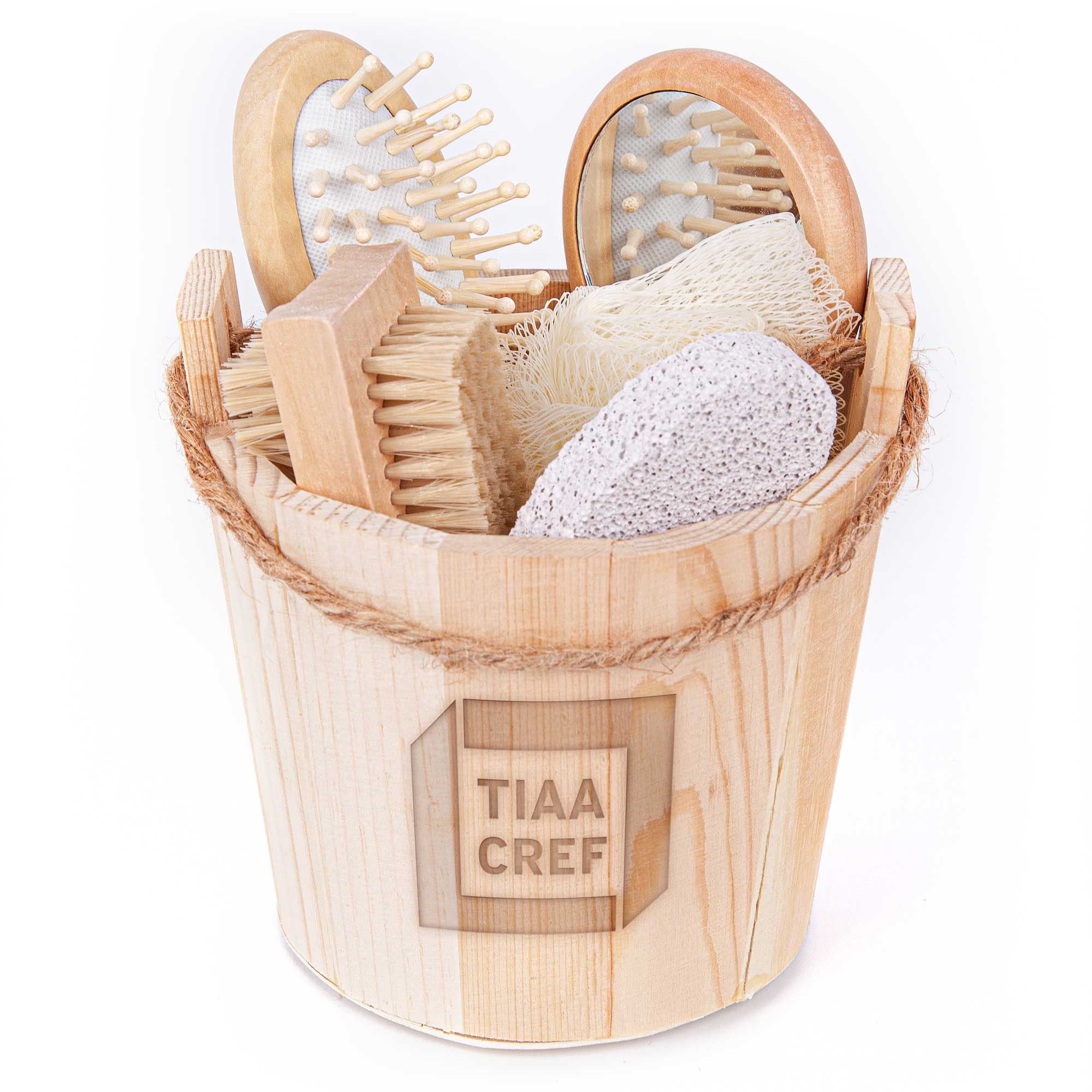tan bucket of bath items