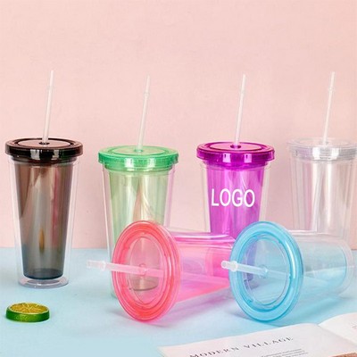 16oz Custom Reusable Food Grade Plastic Double Wall Cup w/Lid & Straw
