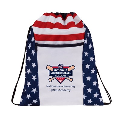 America 250 Patriotic Drawstring Backpack w/Zippered Front Pocket