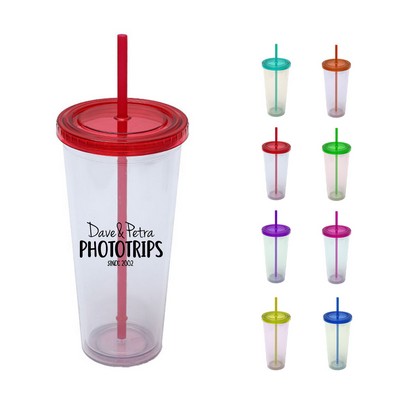 16OZ Double-Layer Plastic Tumbler with Lid and Straw
