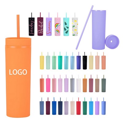 16Oz Skinny Double Wall Acrylic Tumbler With Lid And Straw