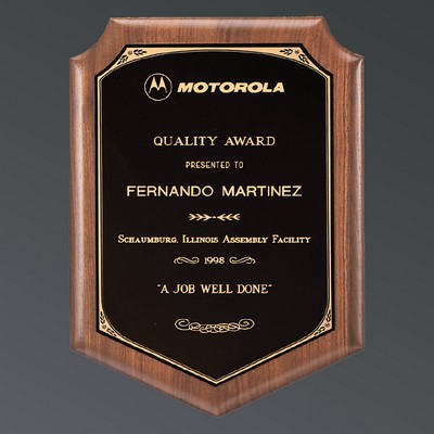 American Walnut Shield Plaque, Black Brass/Gold Florentine, Medium (8"x10-1/2")