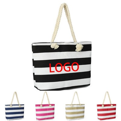 Professional 12oz Cotton Canvas Striped Beach Tote Bag With Zipper