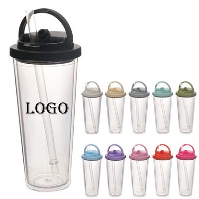 Double Layer Plastic Straw Cup with Handle