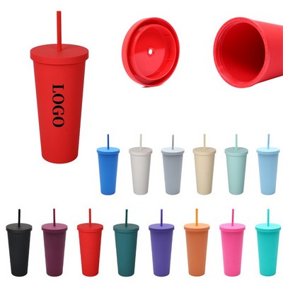 24 Oz Reusable Plastic Insulated Tumblers With Straw