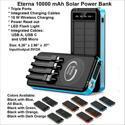 Eterna 10000 mAh Solar Power Bank, Dual Ports, Integrated Charging Cables, Wireless Charging,