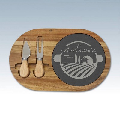 Acacia & Slate Oval Cheese Set w/2 Tools