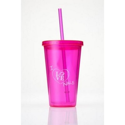 16 Oz.Pink Double Wall Acrylic Cups w/ Matching Straw (3 Days)