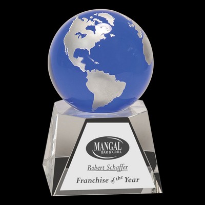 Blue Crystal Globe Award on Clear Crystal Base (5")