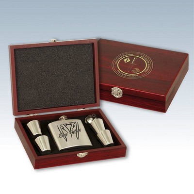 6 Oz. Stainless Steel Flask Set w/Wood Gift Box