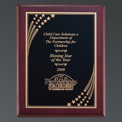 Premium Rosewood Piano Finish Plaque w/Florentine Shooting Stars on Black Plate, Small (7"x9")
