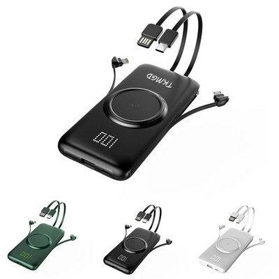 10000 mAh Wireless Power Bank with Integrated Charging Cables