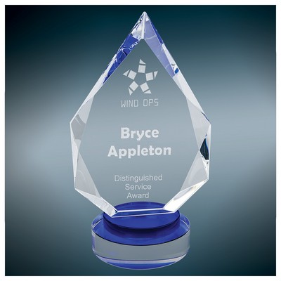 Diamond Facet Crystal on Multi-Level Blue/Clear Round Base, Small (4-3/4"x8-1/4"H)