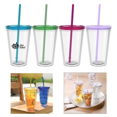 Custom 16oz Plastic Double Wall Straw Tumbler